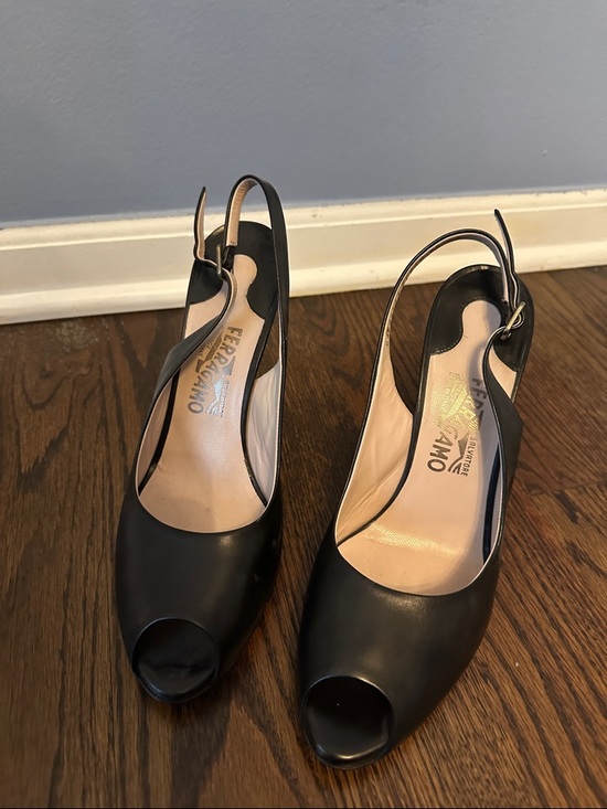 Salvatore Ferragamo Black Leather Peep-Toe Slingback Heels with Nude Insole